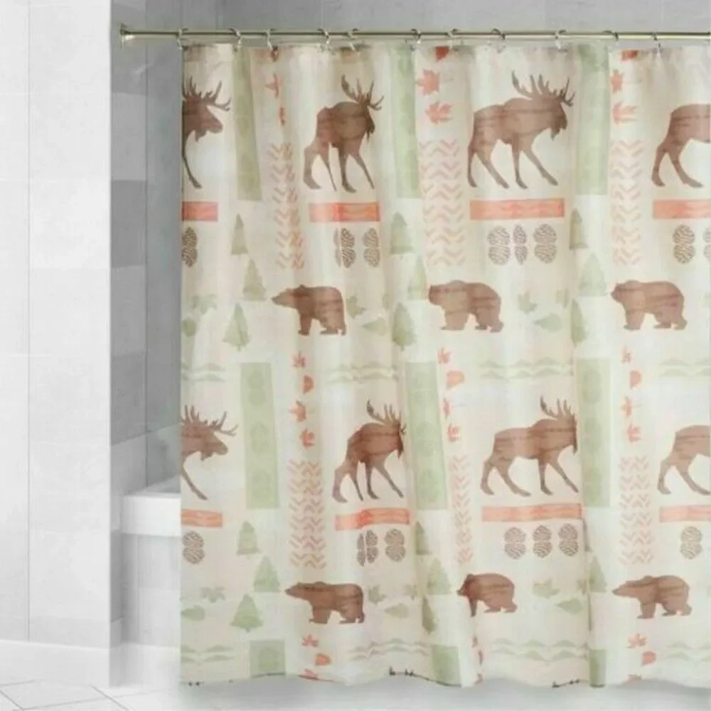 Moose Bear Fabric Shower Curtain Cabin Wilderness Lodge Forest 72L x 70W